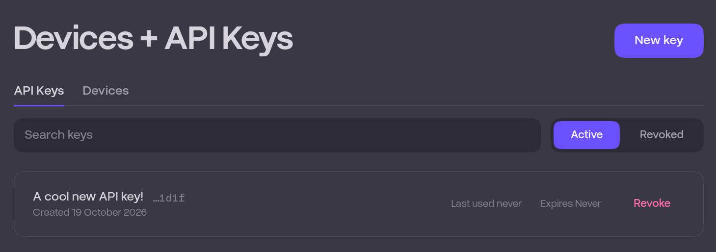 API keys page